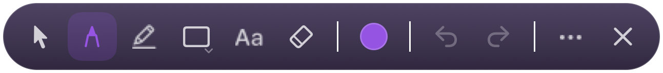 The JellyDraw palette: pointer, pen, highlighter, shapes, text, eraser, color, undo and redo